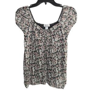 RSQ Tillys girls XL black pink white floral mesh layered babydoll top shirt